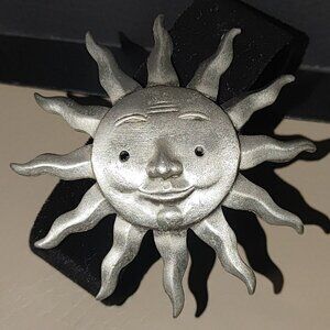 Sun  Brooch Pin Vintage Pewter Smiling Unique Sunburst JJ Piece